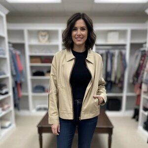 Blue Blush spring jacket, taupe with faux leather trim; size medium